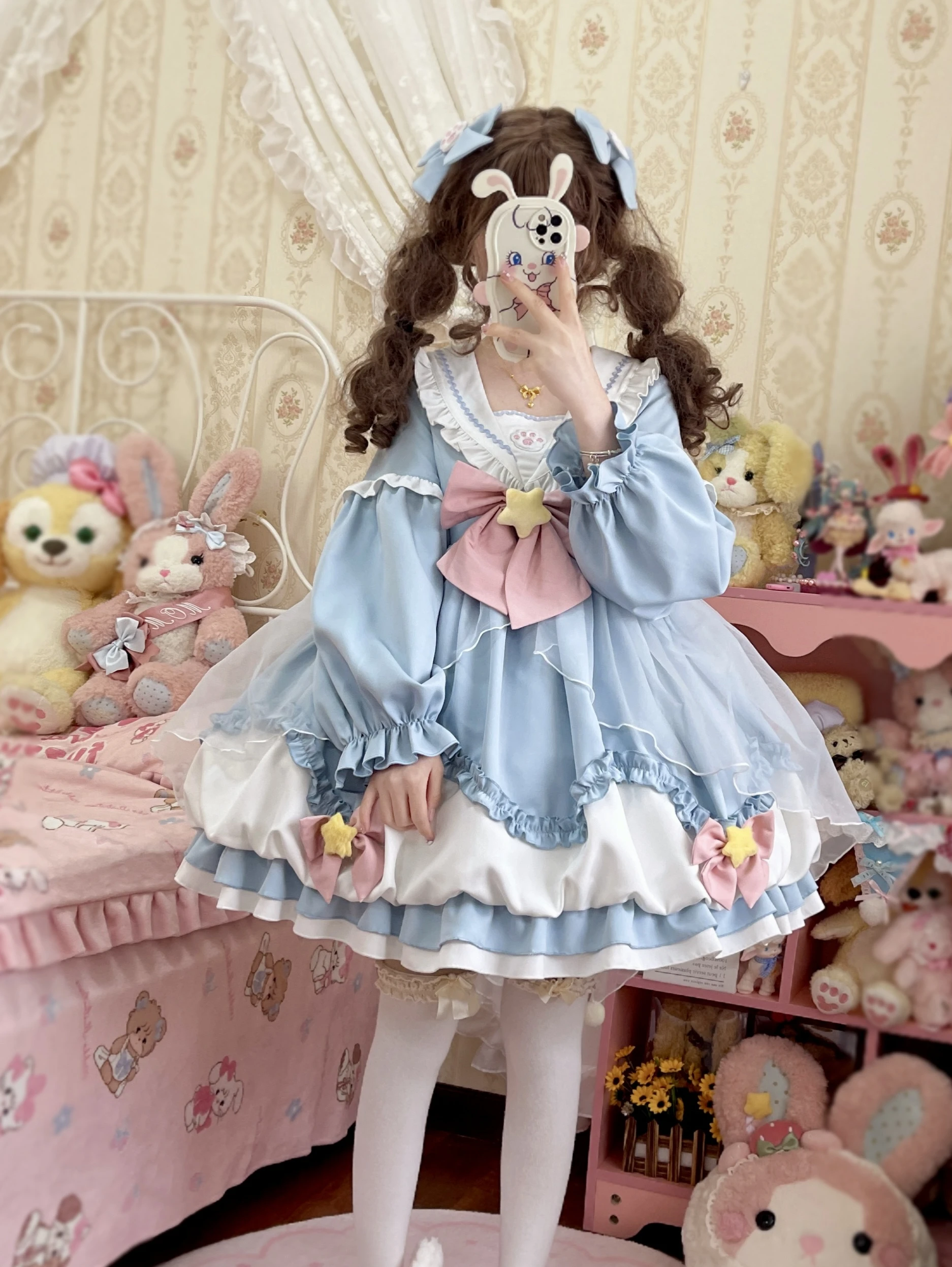 Harajuku Original Design Lolita Navy Kragen Op Langarm Floral Knospe Kleid Für Herbst Und Winter Geburtstag Party Geschenk Für Mädchen