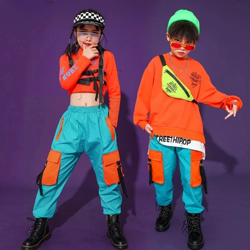 

Hip Hop Girls Crop Top Cargo Pants Boys Sweatshirt Joggers Clothes Sets Child Streetwear Kids Street Dance Outfits Jazz Costumes