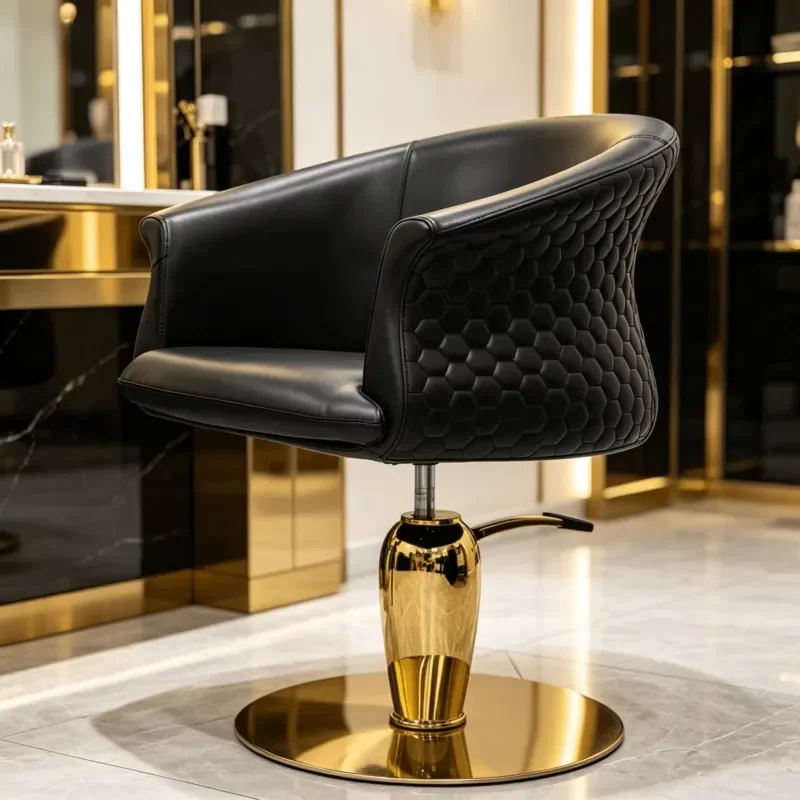 Black Honeycomb Salon Chair, Gold Base Hydraulic Styling Chair, Suitable for Barber Shops