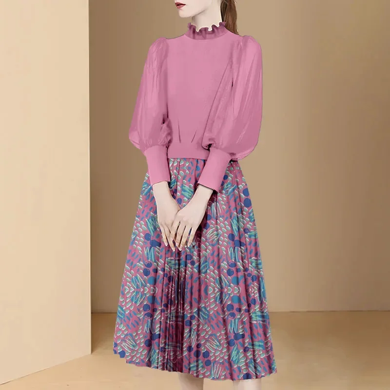 

High-end Socialite Autumn European and American Elegant Lantern Sleeve Dress 2025 New Women's Stitching Printing A-line Dresses
