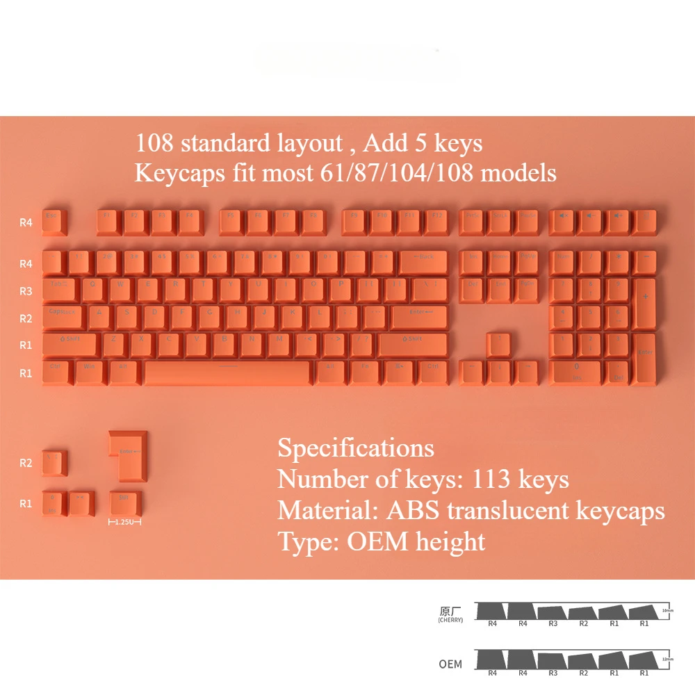 Keyboard Keycaps 113 Keys Caps ABS Translucent OEM Profile Keycap Keyboard Accessories for Office Home
