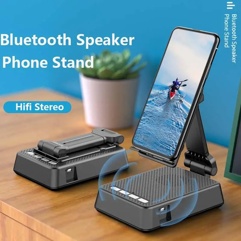 Foldable Tablet Mobile Phone Holder Portable Bluetooth 5.0 Speaker Adjustable Desktop Bracket Smartphone Stand With Microphone