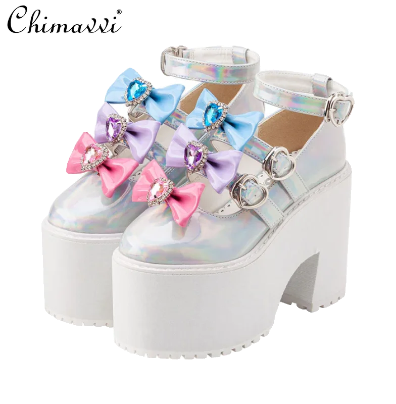 Japanese Ins Girls Sweet Laser Cute Bow Platform High Heel 2024 Summer New Lolita Mary Jane Women's Shoes Thick Bottom Pumps