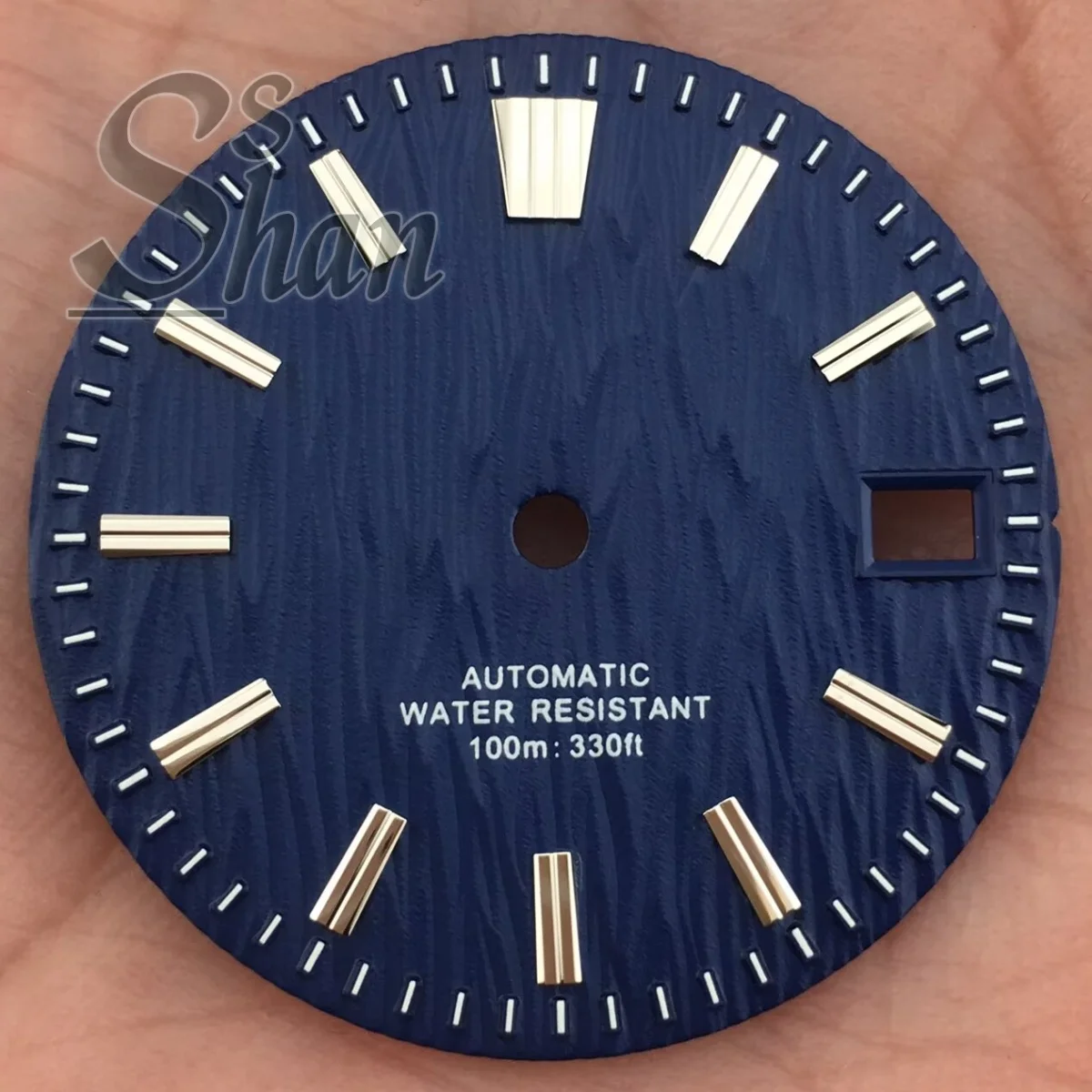 

29mm NH35 white black blue and green watch dial featuring birch wood grain design is suitable for NH35 and NH36 movement watches