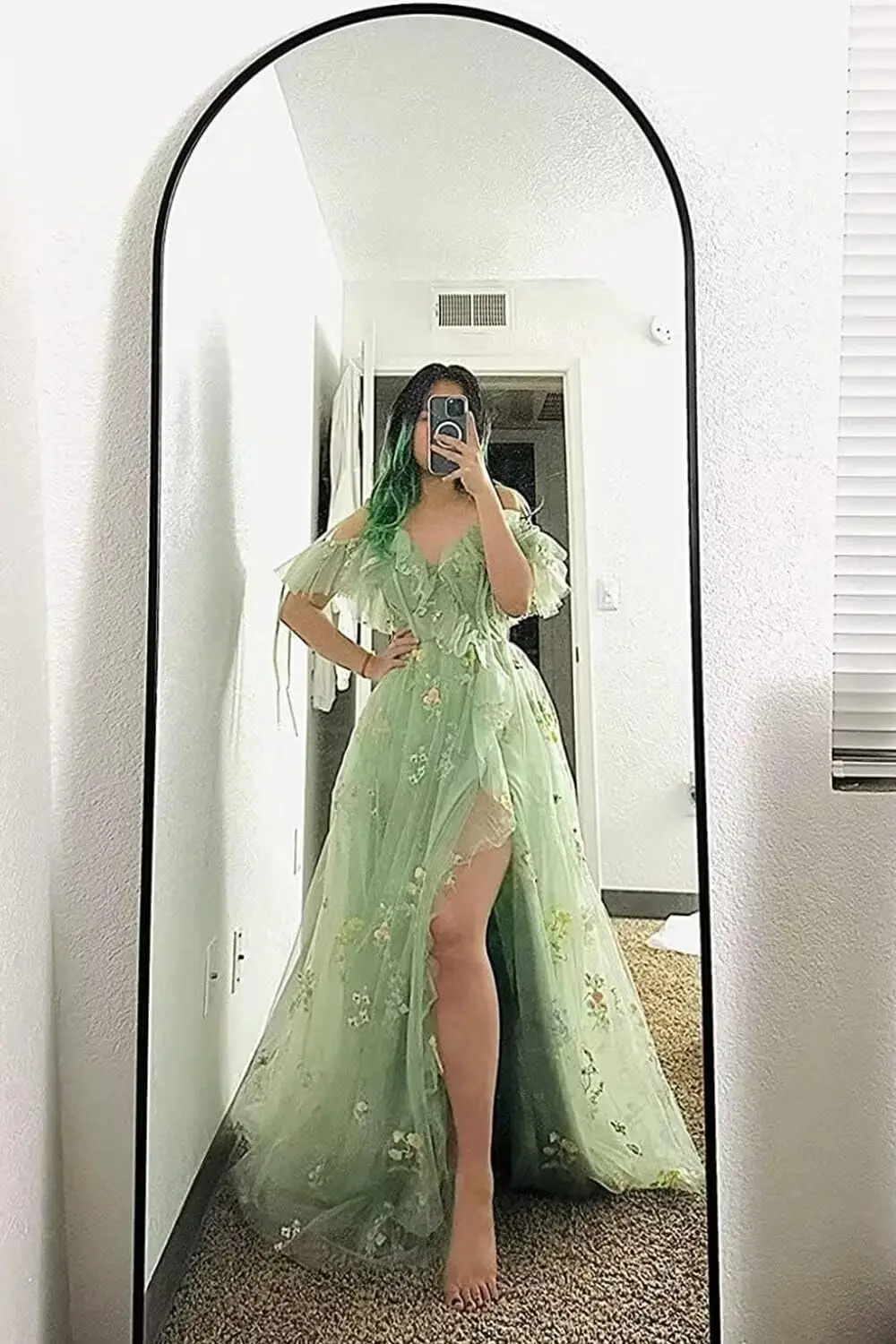 Tulle Prom Dresses Flower Embroidery Ruffle V Neck Women's Formal Evening Party Gowns 2024 Evening Gown