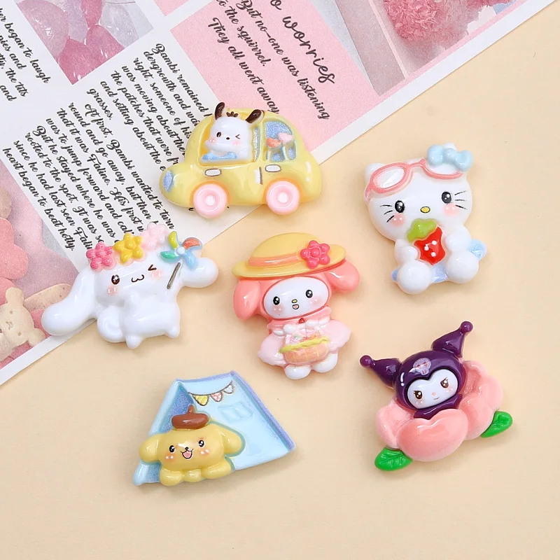 100pcs Resin Cartoon Picnic Sanrio Animal Melody Kuromi DIY Flatback Cabochon Crafts for Scrapbooking Embellishment Accessory