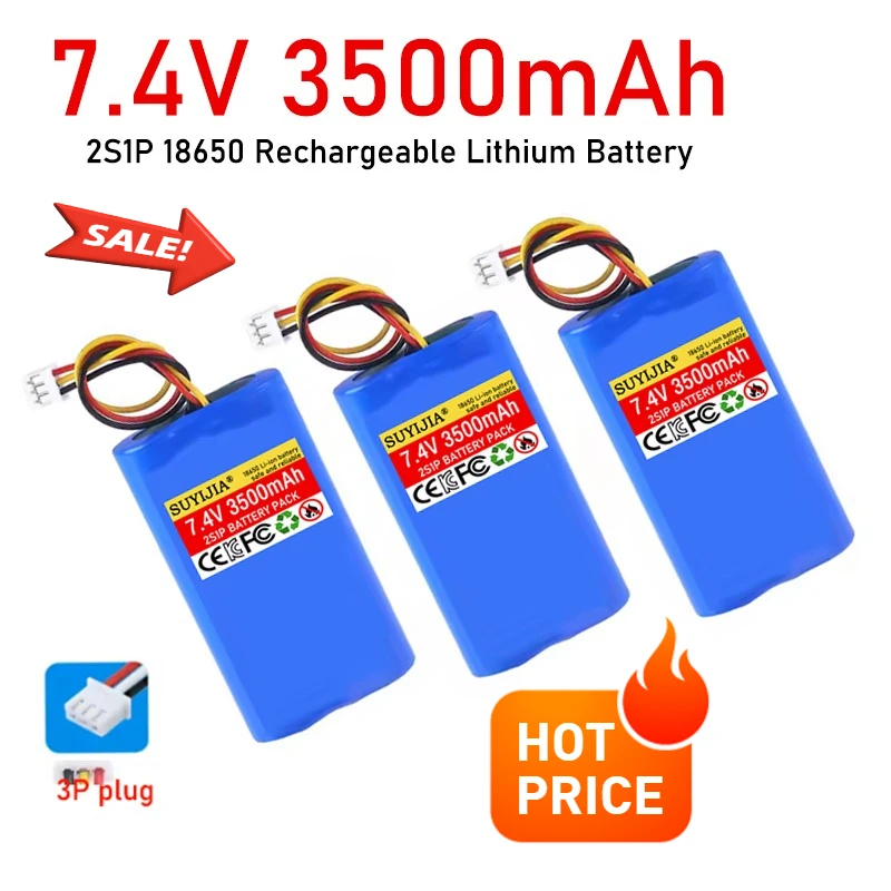 

7.4V 3500mAh Rechargeable Lithium Battery 2S1P 18650 Battery for Megaphone Speaker Power Bank Small Player RC Toys Parts+3P Plug
