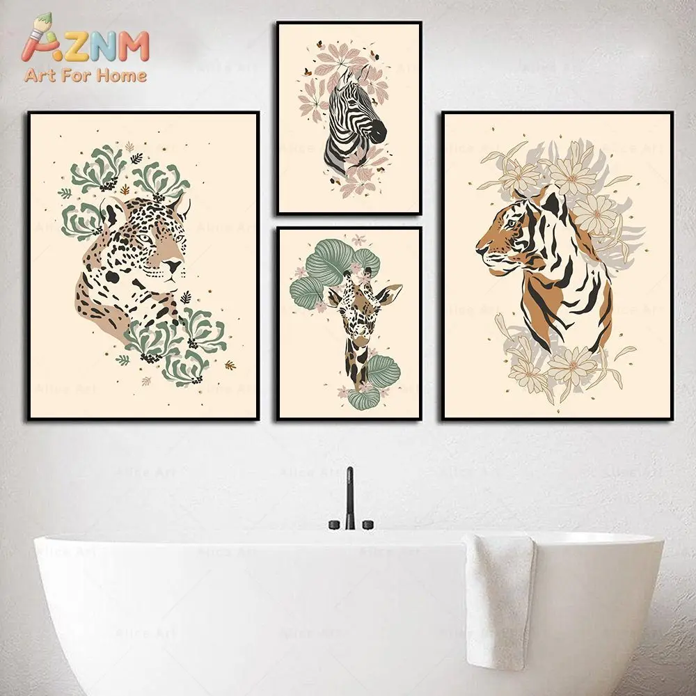 AZNM Boho Safari Animal Canvas Wall Art Tiger Giraffe Leopard With Tropical Floral Print Frameless Canvas Painting Living Room H