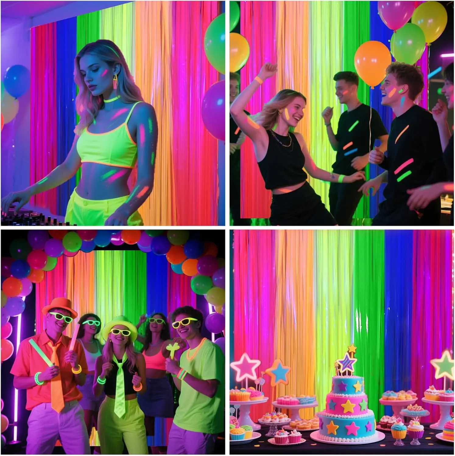 Im Dunkeln Leuchtender Folien-Fransenvorhang Regenbogen Schwarzlicht-Reaktiv Fluoreszierender Lametta-Hintergrund für Geburtstag Hochzeit Party Dekoration – Detail 5