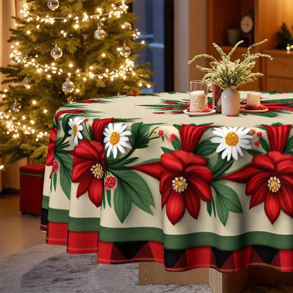 round tablecloth with Christmas theme, with Christmas flowers and daisies, perfect for family kitchens and dining rooms.