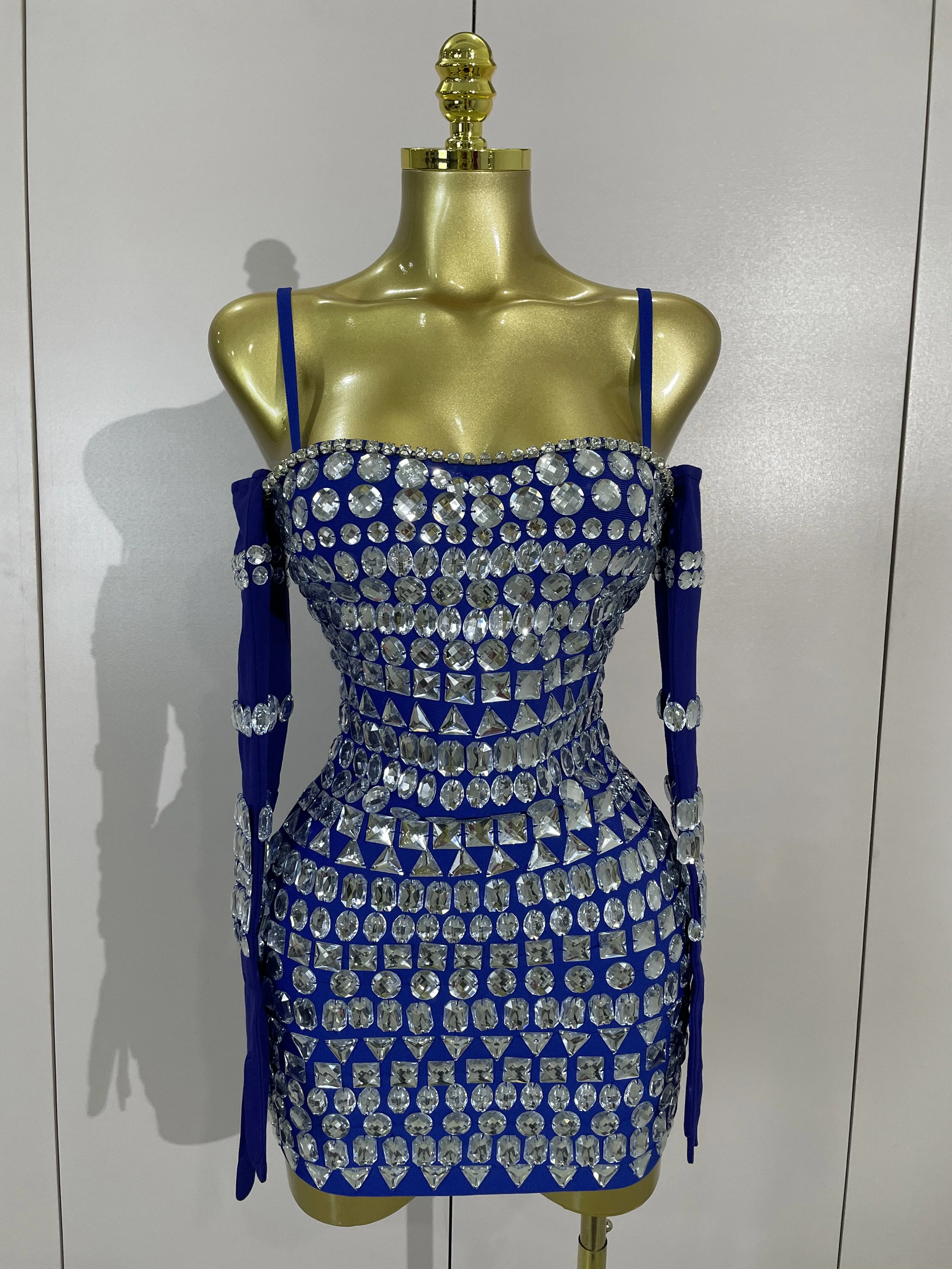 2026 Women's Shining Crystal Blue Strapless Bandage Mini Dress Gloves Sexy Celebrity Eveing Cocktail Party Club Birthday Dress