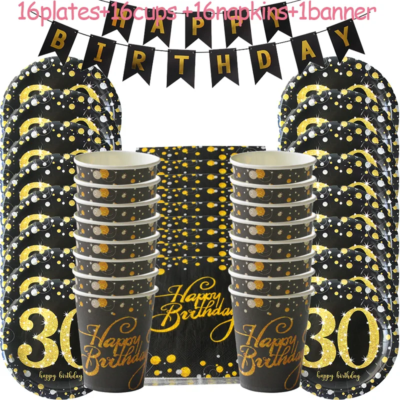 30th Birthday Party Supplies Black Gold Disposable Paper Plate Cup Banner Number 30 Balloons for Men Woman 30 Birthday Party