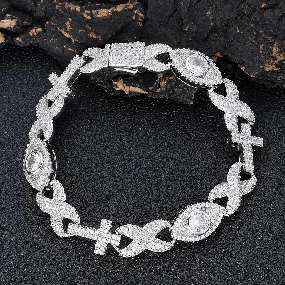 Hip hop diamond studded eyes, 8-shaped chain cross, Cuban chain jewelry, high-end zircon men's bracelet