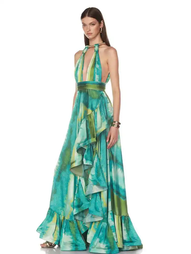 Vestido E de Camadas em Verde adiente com Decote Costas Nuas para Festa de Noite e Praia Moda Fena