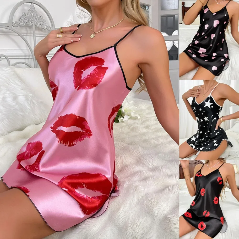 

V-neck Silk Sexy Pajamas Women Nightgown Loungewear Print Sleeveless Evening Dresses Wedding Sleepwear Evening Gowns Mujer