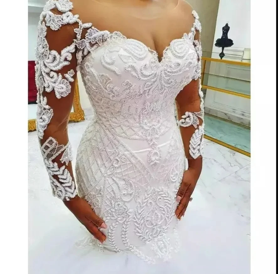 Suknie ślubne typu syrena z eleganckimi aplikacjami na szyi, zdobione koralikami, z długimi rękawami, szyte na miarę, vestido de noiva.