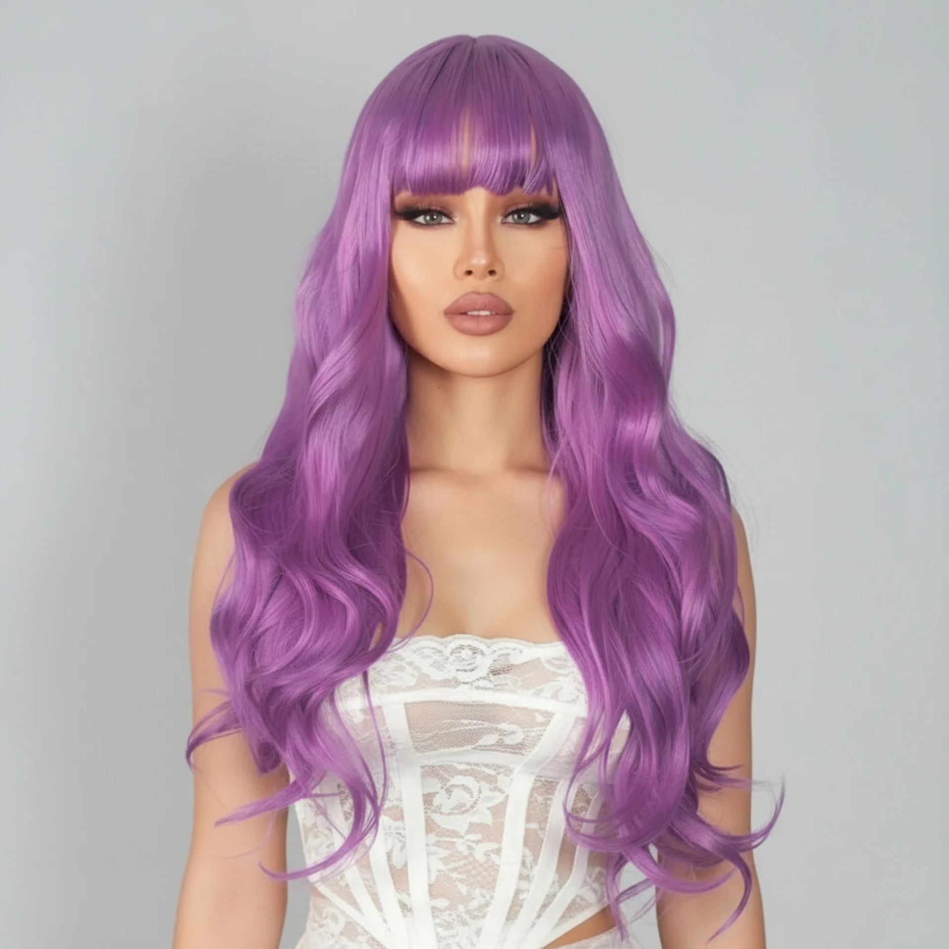 Cross border European and American new large wave long curly hair with bangs purple wigv
