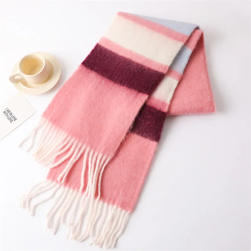 New Soft Stripe Mohair Thick Fashion Scarf Striped Men Women Autumn Winter Tassel Warm Extended Scarves Thickened Beard for Girl