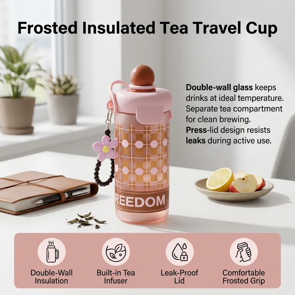 1pc Frosted Glass Tumbler Cute Cartoon Water Bottle with Straw and Tea Infuser for Office School Commute Travel Essentials