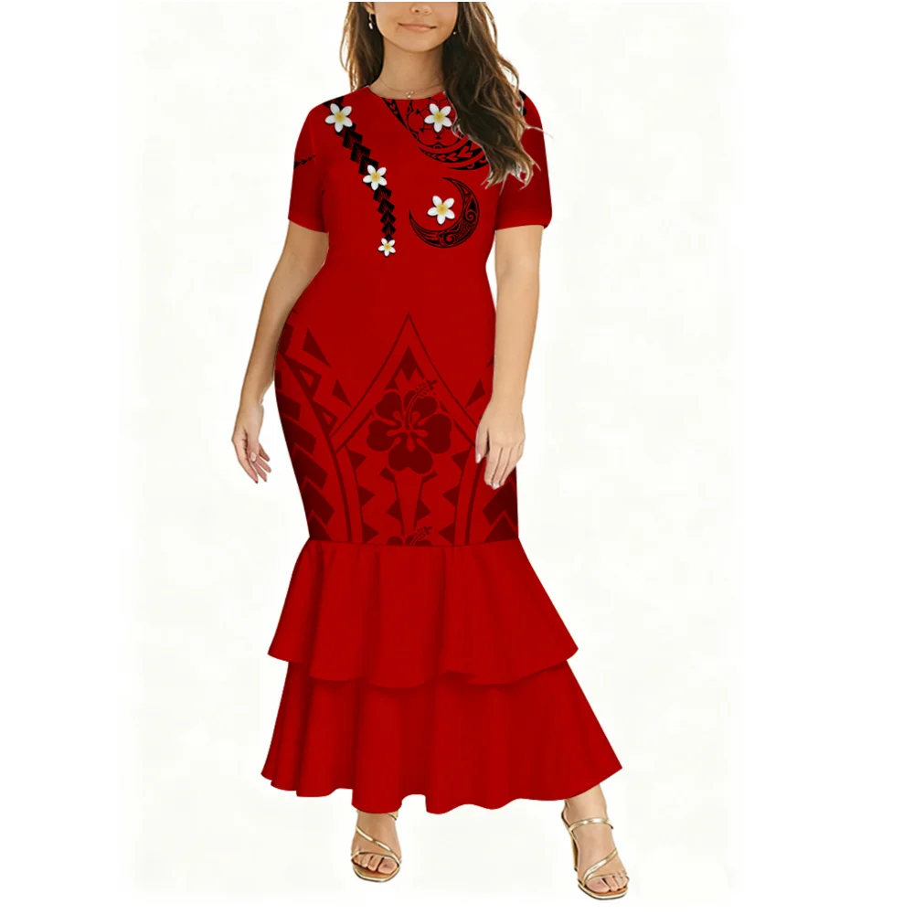 Pacific art island retro padrão feminino novo estilo em torno do pescoço de manga curta vestido de dupla camada banquete emagrecimento vestido de noite