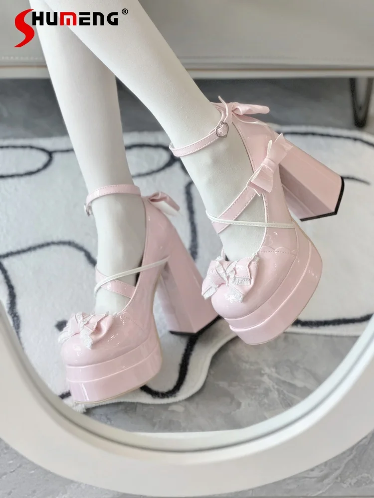 

Элегантные туфли в стиле Лолита с кружевом и бантом, милые, с пряжкой в форме сердца, универсальные туфли Мэри Джейн из искусственной кожи, женские туфли-лодочки на высокой платформе