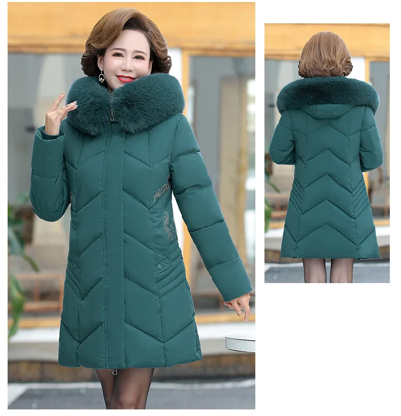 Hooded Fur Collar Down Cotton Jacket Women Winter Clothing New Middle-Aged Mother Mid-Long Thicken Coat Warm Female Parkas 6XL