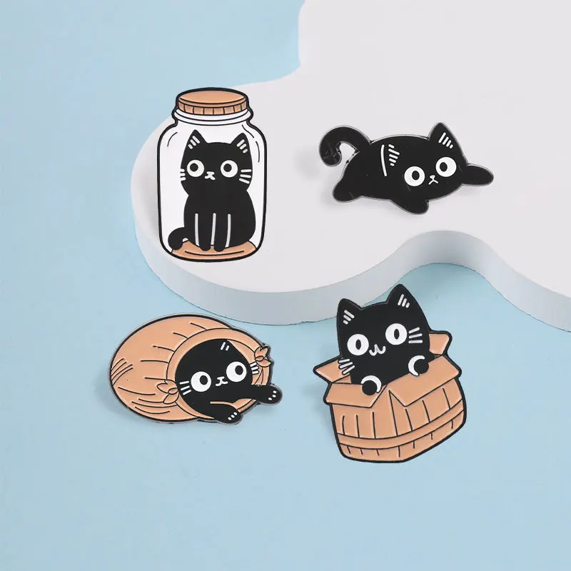 Creative Cat In Glass-Bottle Carton Box Bag Pins Brooch Cute Black Cats Enamel Lapel Pin Accessory On Backpack Clothing Ornament