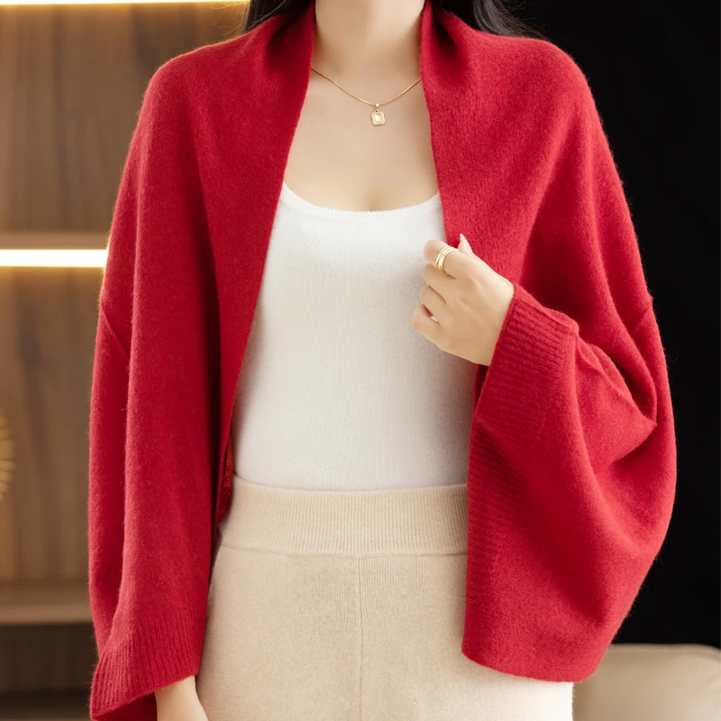 100% Merino Wool New Fashion Spring Cardigan Women's Elegant Soft Knit Shawl Korean Style Shawl Loose Solid Color Scarf