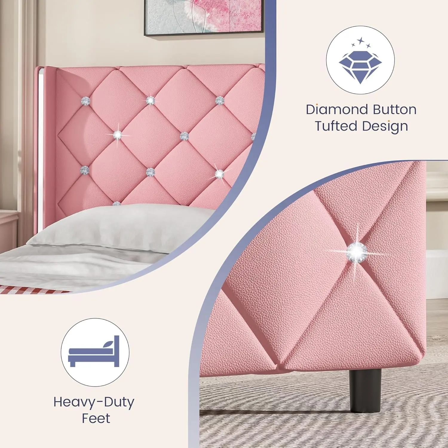 Estructura de cama doble, estructura de cama tapizada con cabecero capitoné de diamantes, marcos de cama doble para niñas, linda cama de princesa, F