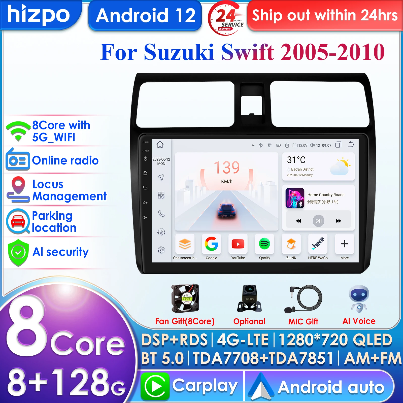 

Hizpo 4G 10.1'' AI Intelligent System CarPlay Android Auto Radio for Suzuki Swift 2005-2010 Car Multimedia GPS 2din Autoradio BT