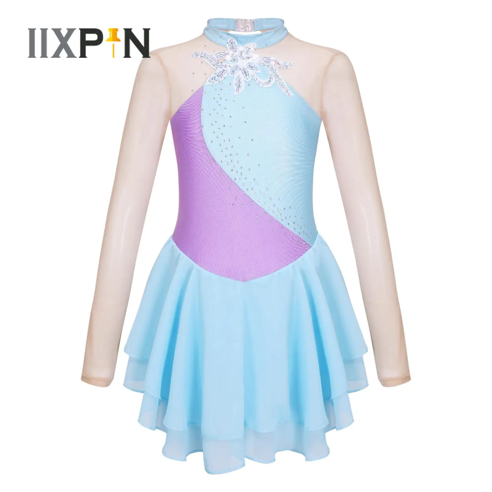 Costume de danse de Ballet pour filles, à paillettes brillantes, manches longues, col rond, robe de skate, combinaison de gymnastique