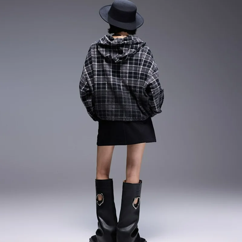 Women Autumn Hooded Shirts Gradient Cotton Long-sleeved Plaid Blouses  American Street Loose Trend Casual Tops Clothing Female