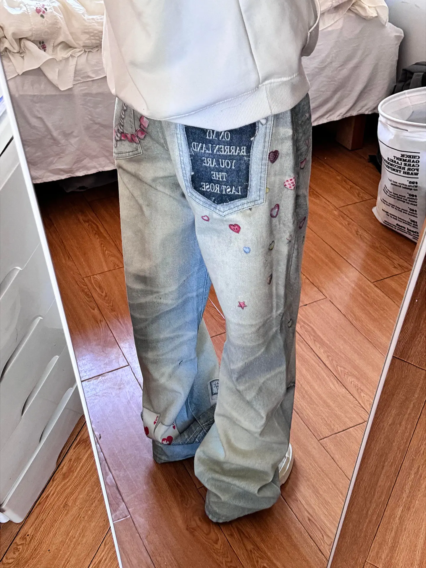  Heart Chain Digital Print Washed Denim Pants Straight Leg Long Trousers Youth Fashion mid Waist Zipper Fly Jeans
