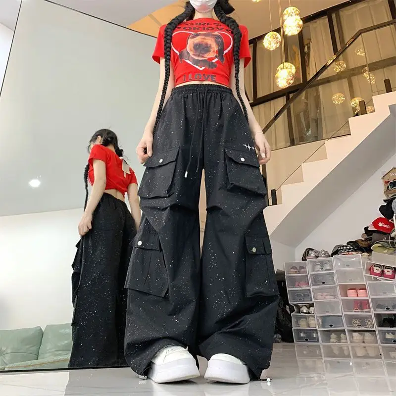 Girls American Style Hop Dance Pants Reflective Multi Pocket Jogger Sweatpants Women Summer Jazz Club Party Wear