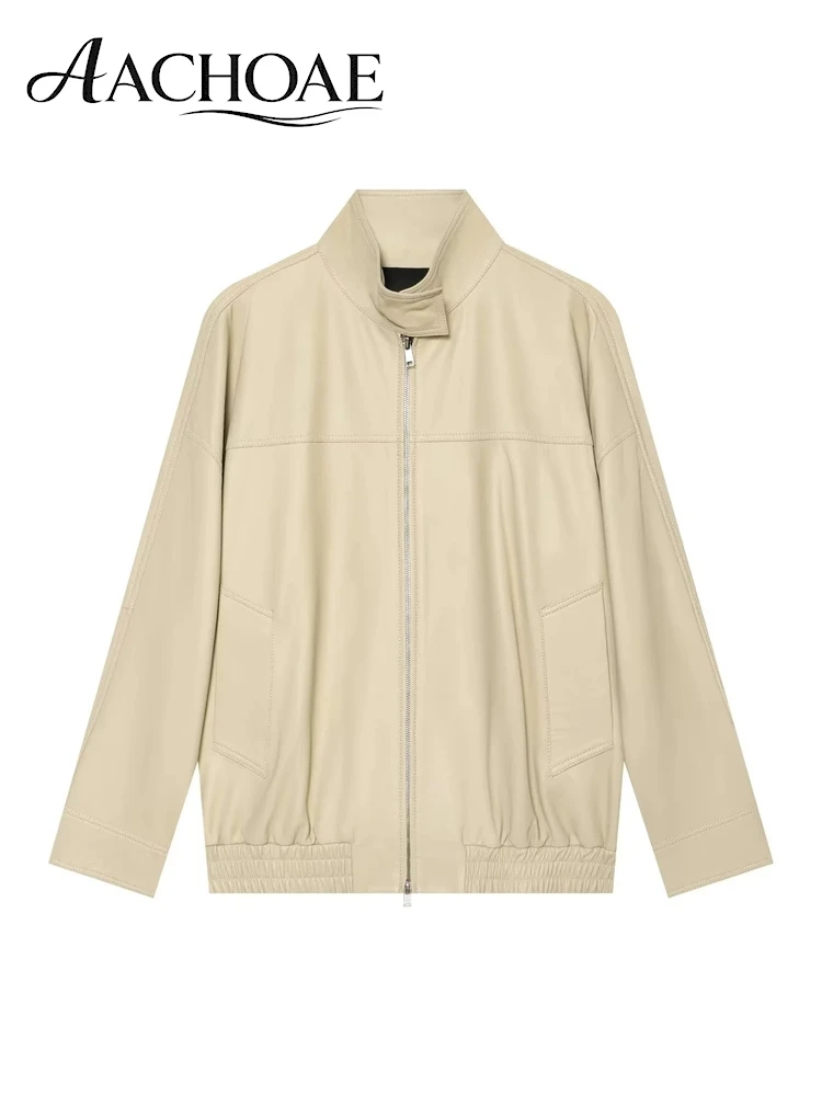 AACHOAE Women's Faux Leather Bomber Jacket Stand Collar Zip Up Oversized Casual PU Leather Jacket Minimalist Jacket Coat