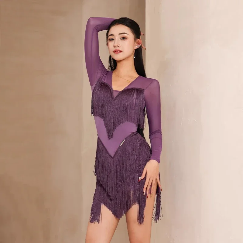 

Purple Latin Dance Professional Dress Women Chacha Latin Dance Fringed Dresses Adults Ballroom Dance Practice Wear