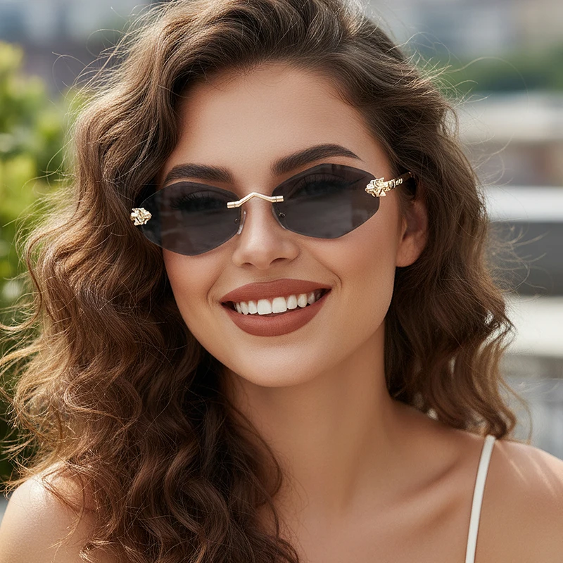 JUNCTURE Fashion Small Polygonal Sunglasses for Women Luxury Brand Rimless Brown Rhombus Sun Glasses Female Vintage Eyewear