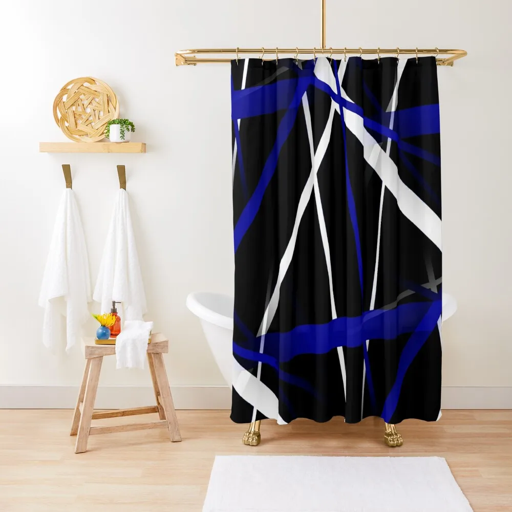 Seamless Abstract Royal Blue and White Lines On Black Pattern Shower Curtain Bathroom Fabric Cover Curtain