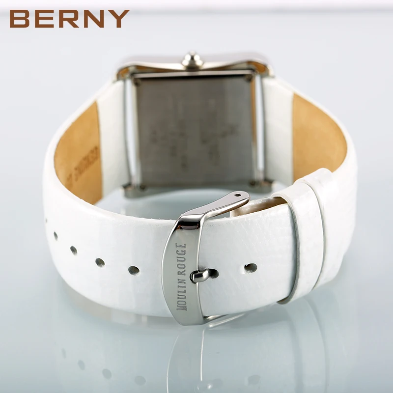 BERNY Genuine Leather Strap Square Women Quartz Watch Ladies Wristwatch Waterproof Gemstone Dial Shell Pattern