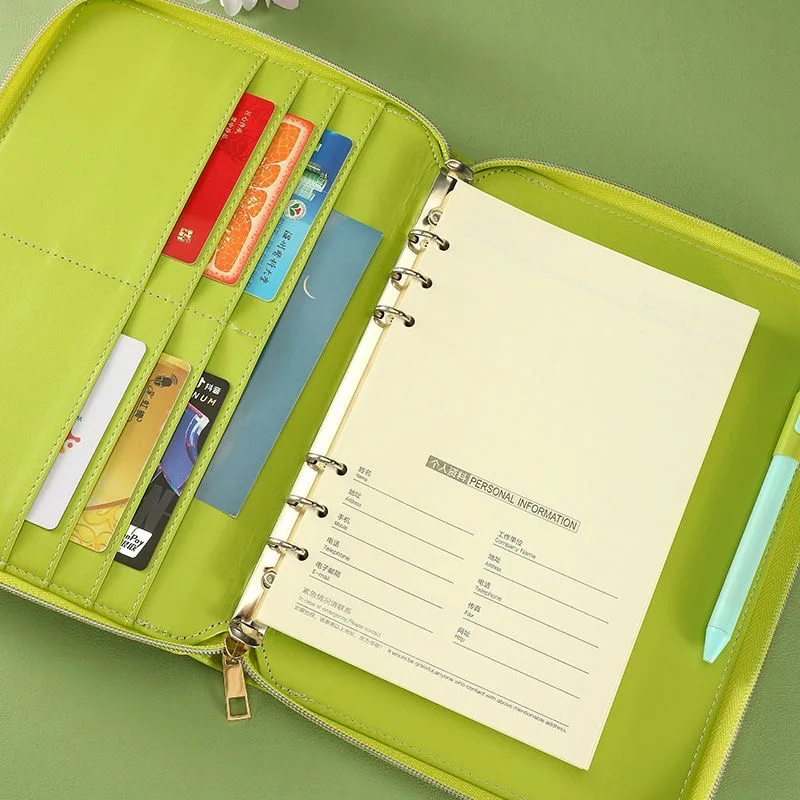 غطاء جلدي جديد عالي الجودة مقاس A5 مع سحاب، مجلد داخلي قابل للاستبدال مكون من 6 حلقات، هدية مجلد مؤتمرات مجلة الأعمال المنظم