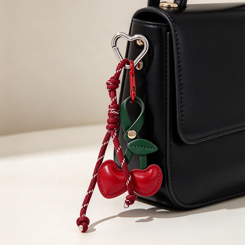 1pc NEW Fashion Personality Cherry Keychain Cute Sweet Leather Fruits Keyring Car Key Holder Bag Pendant Decoration Girls Gifts