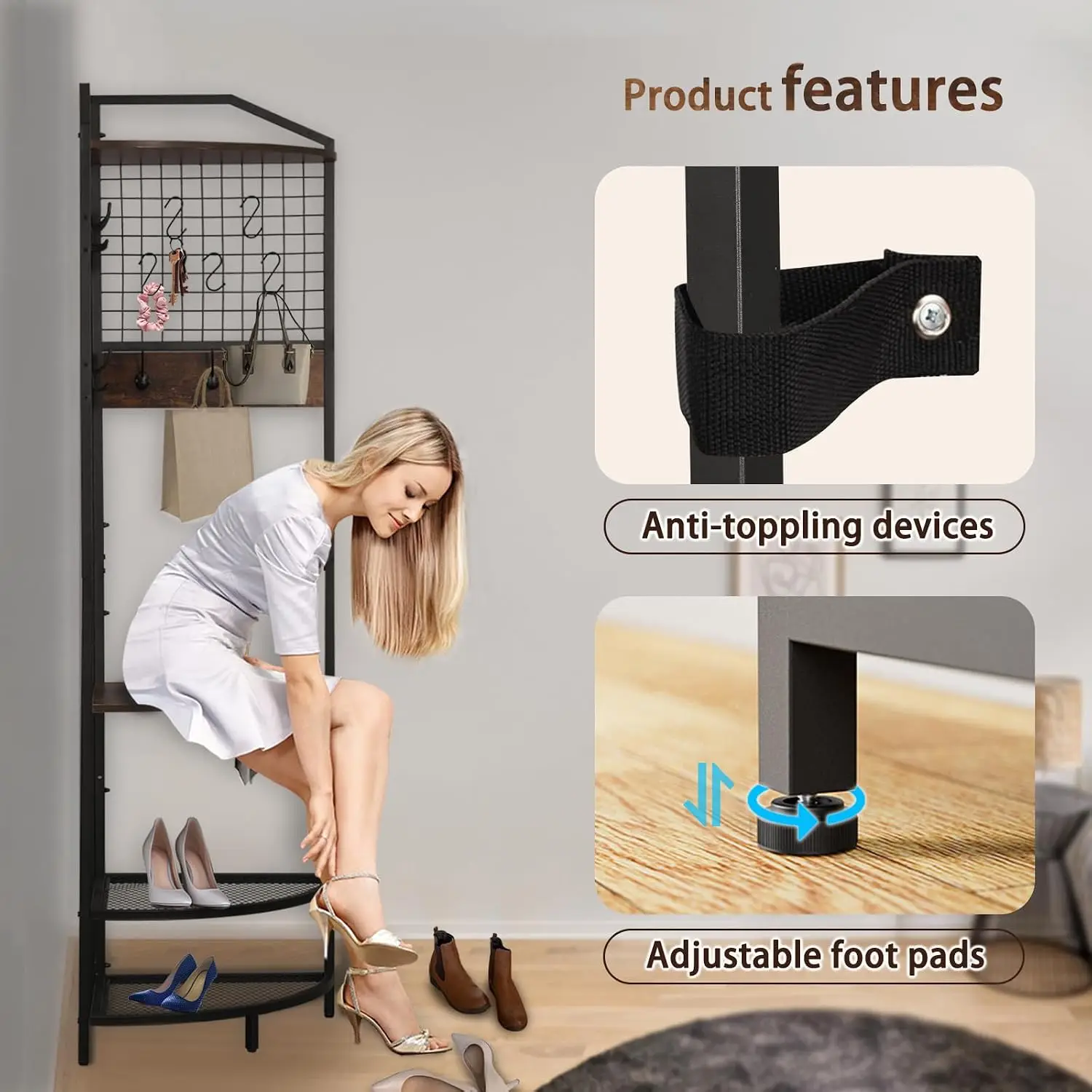 Corner Coat Rack, Coat Rack with Shoe Storage, Hall Tree with Bench and Shoe Storage, Freestanding Shelves with 14, Customized view 4