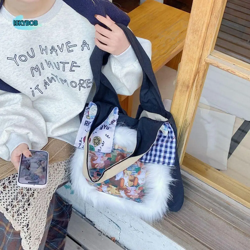 

Harajuku Japanese Style Y2k Shoulder Bag Bear Pattern Retro Vintage Plaid Handbag Large Capacity Fluffy Canvas Tote Bag Travel