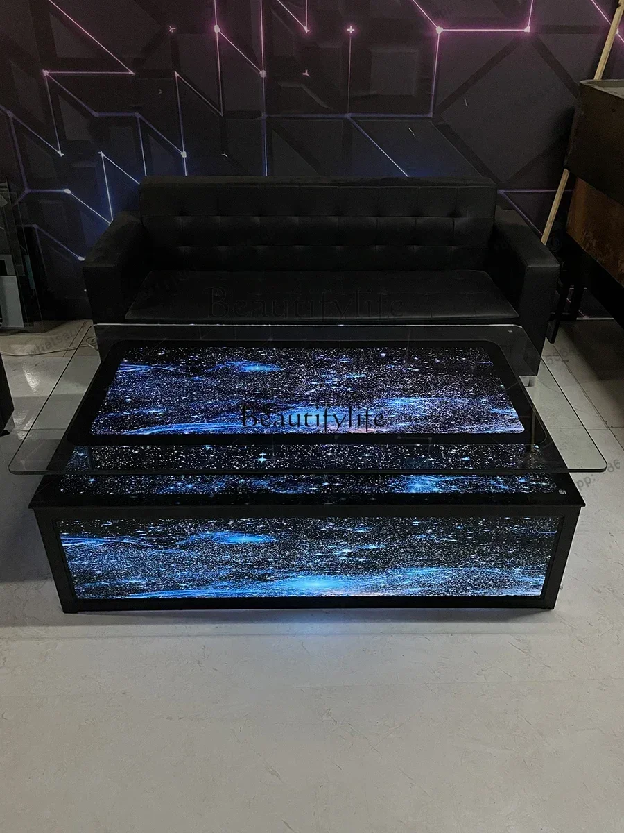 FGpg55Coffee Table Luminous European-Style Tempered Glass Stainless Steel Coffee Table Colorful Color Changing Simple