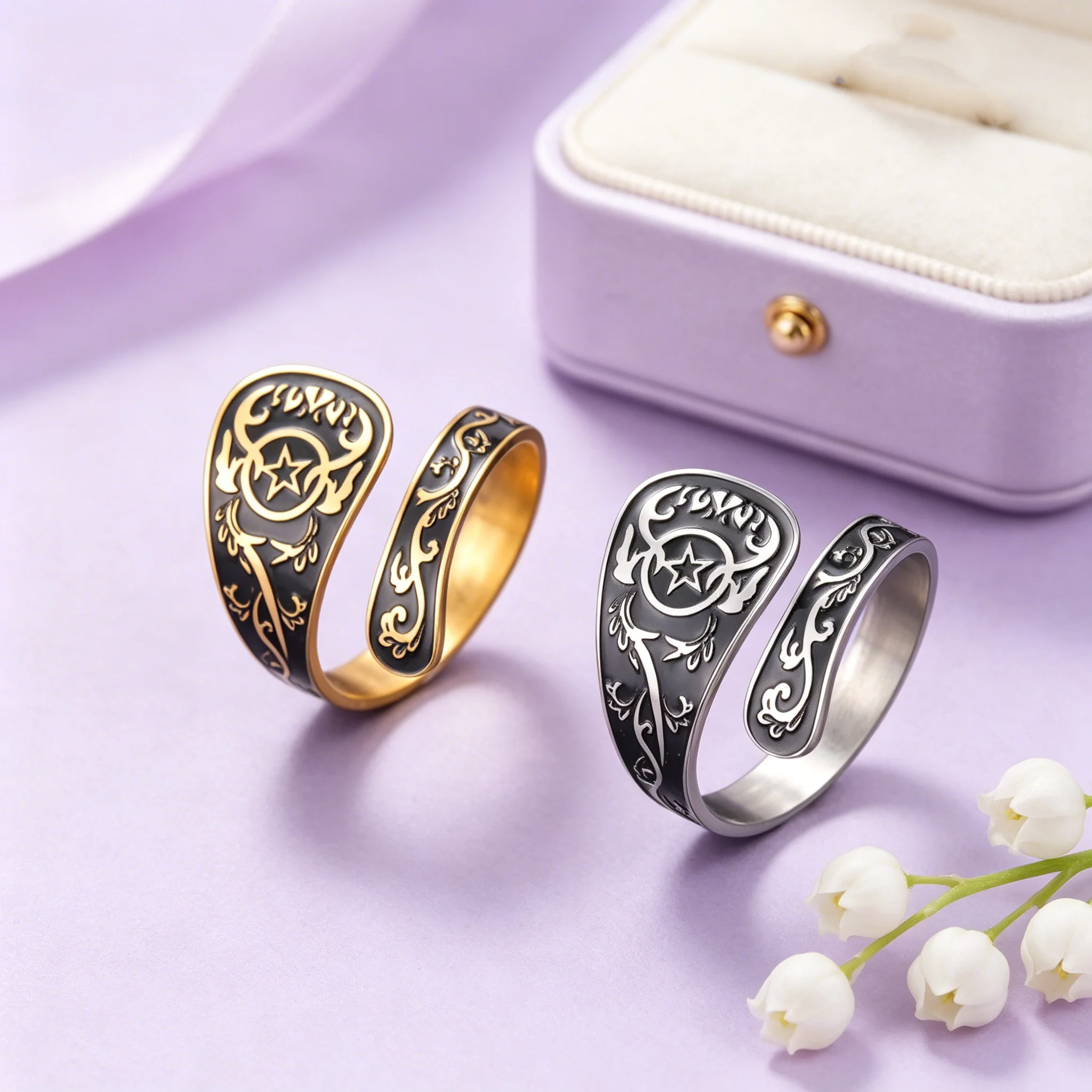 Handsome Retro Pentagram Open Ring Stainless Steel Open Ring Star Spoon Shaped Good Luck Symbol Ring Men's and Women's Jewelry