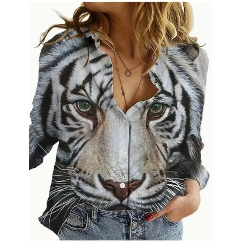 Elegant Women\'s Shirt Button Fashion Street Tiger Print Pattern Comfortable Tops Casual Style Women\'s Clothing Long Sleeve Shirt