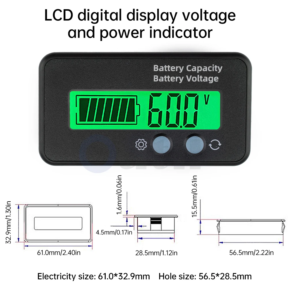 Green DC 12V 24V 36V 48V 60V 72V Lead Acid Battery Capacity Indicator LCD Percentage Display Lithium Battery Monitor Tester