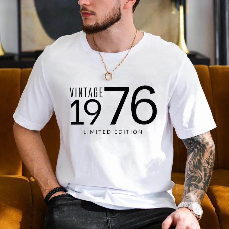 Mens Crew Neck Short Sleeve T Shirt Vintage 1976 Limited Edition Graphic Tee Classic Born Year Casual Mens Tops For Gift Wear