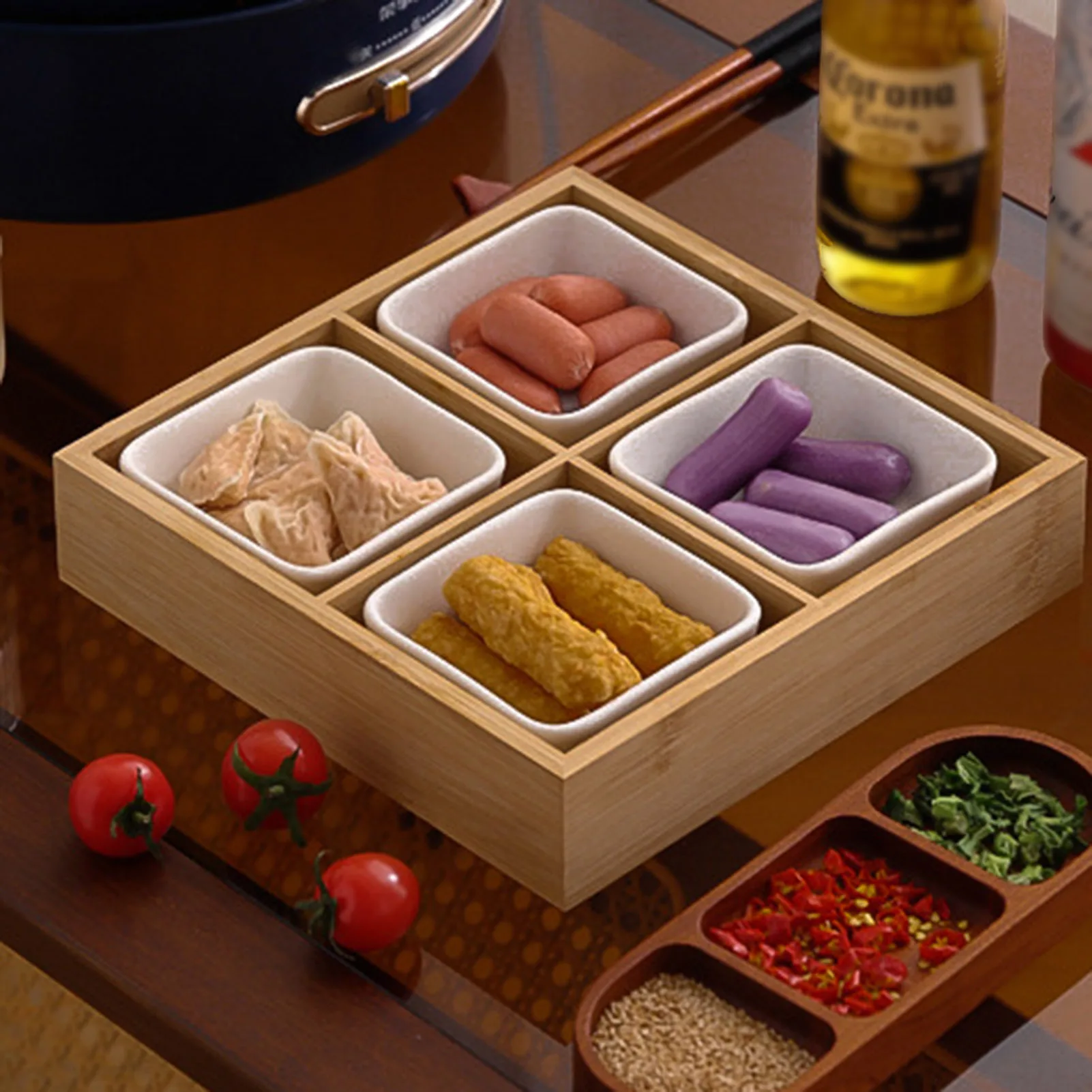 Japanese Multi Grid Divided Wooden Tray 2/3/4/6/9 Grids Vintage Serving Tray For Snacks Dessert Hot Pot Sauce Dish Soy Tray