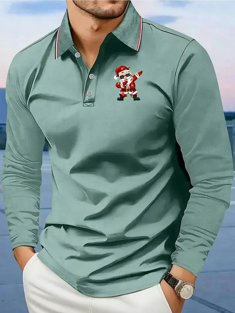 

Funny Santa Clause Graphic Men's Polo Shirt Simple Business Style Long Sleeve Pullover Fashion Creative Festival Clothes For Men
